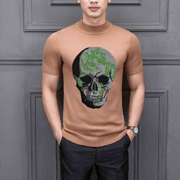 

men's sweaters sell skull shiny male short sleeve pullover sweater green diamond soft and comfortable knitting brand outfit 43c4, White;black