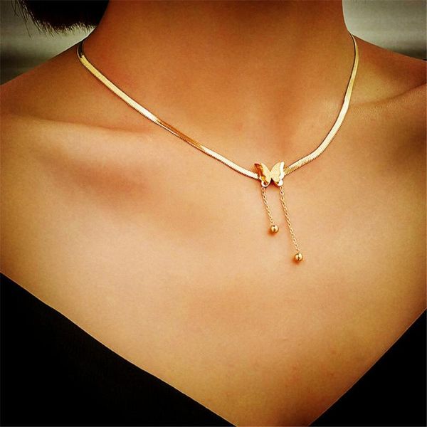 chains stainless steel chain pendant butterfly necklace for women charm choker necklaces kettingen voor vrouwen, Silver