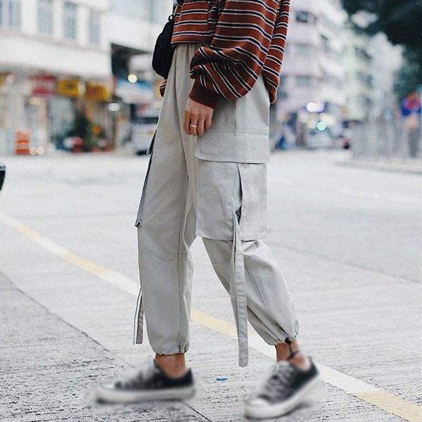 

women's pants & capris casual korean streetwear cargo women vintage wide leg harem loose solid streetpants, Black;white