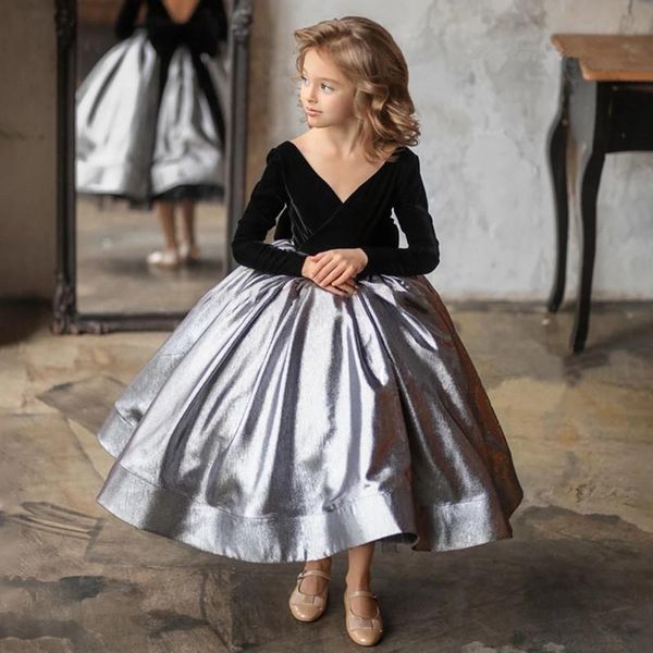 Vestidos de menina comprimento de chá meninas princesa vestido de aniversário veludo crianças primeiras comunhão roupas de mangas longas casamento casamento casamento