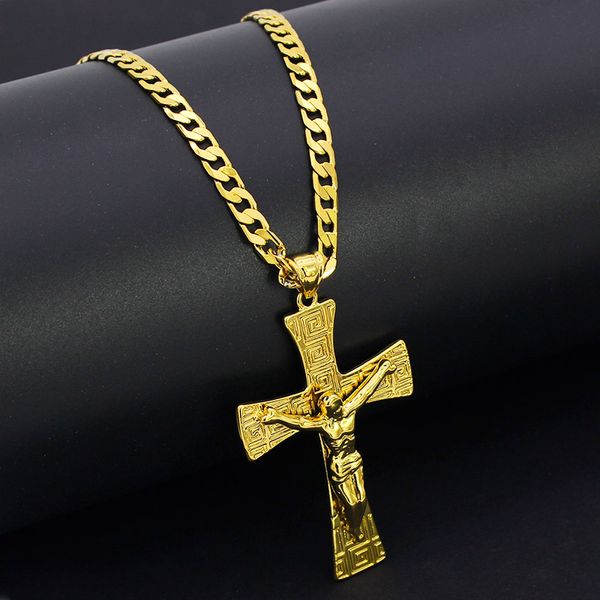 Твердое 18-каратное желтое чистое золото GF Иисус широкий крест Шарм Большой кулон 55 * 35 мм с 24-дюймовой кубинской цепочкой Майами 600 * 5 мм