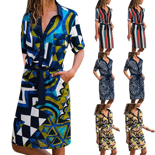 

ethnic clothing fashion print women v-neck dresses button long sleeve high waist shirt pockets midi beach dress vestidos de mujer casual rob, Red