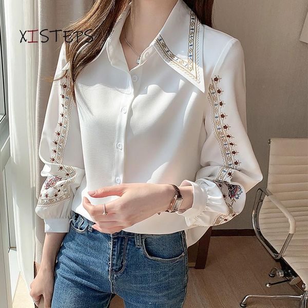

women's blouses & shirts embroidered women shirt female elegant ladies work wear white beige floral clothings chiffon