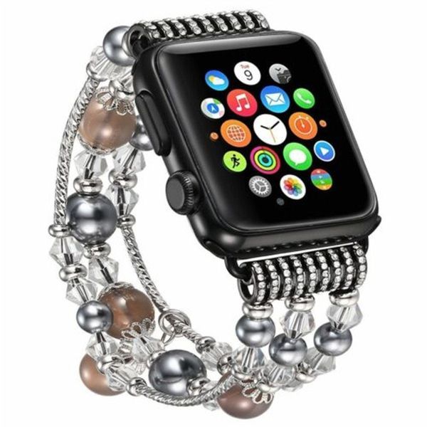 Siyah İnci Kordonlu Sandık Sapanlar İzle Band Elastik Streç Kristal Bilezik Apple Serisi için 5 4 40mm 44mm Kadınlar Bling Kayış IWatch 1 2 3 38mm 42mm