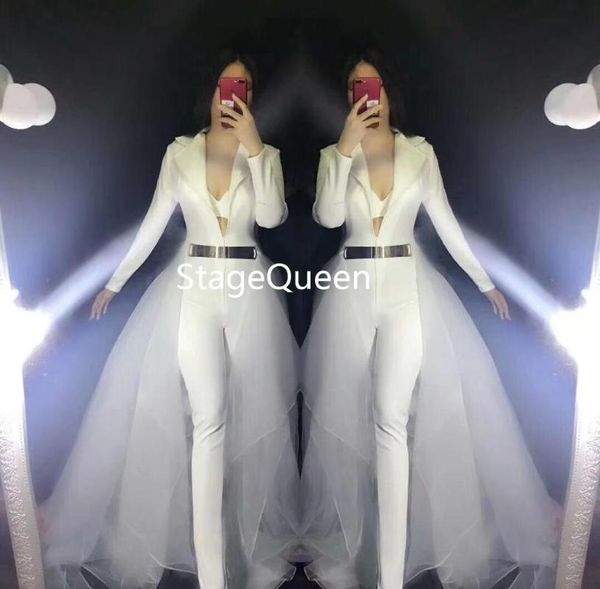 

women's jumpsuits & rompers long sleeves red white jumpsuit women birthday costume dance bodysuit bra mesh tail outfit nightclub singer, Black;white