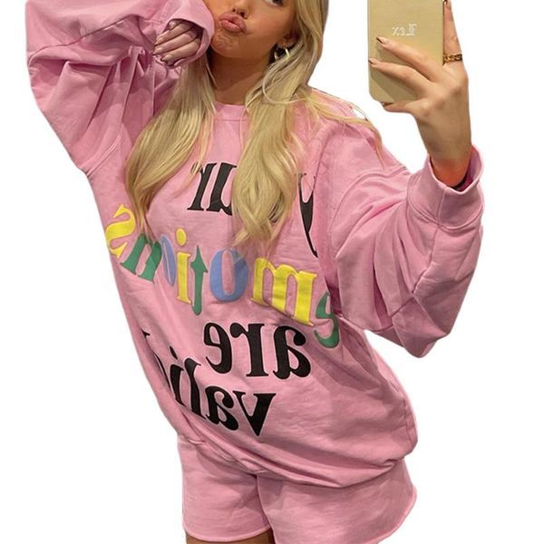 

women's tracksuits 2pcs women autumn polyester streetwear letters long sleeve sweatshirt elastic waist shorts for girls, s//l, pink/gr, Gray