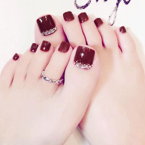 

false nails fashion red/black/pink matte rhinestone decoration press on toenails full drill handmade flat toes fake diamond-studded glitter, Red;gold