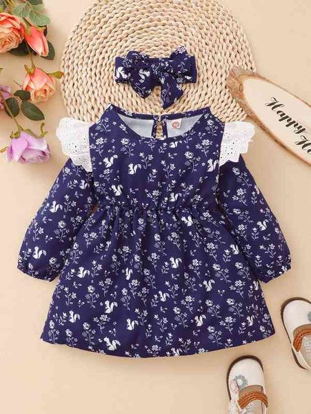 

baby floral print eyelet embroidery ruffle trim dress with headband she, Red;yellow