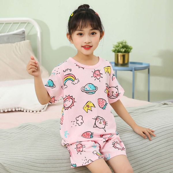 

2021 summer children's pajamas korean girls' short sve home wear two piece suit, Blue;red