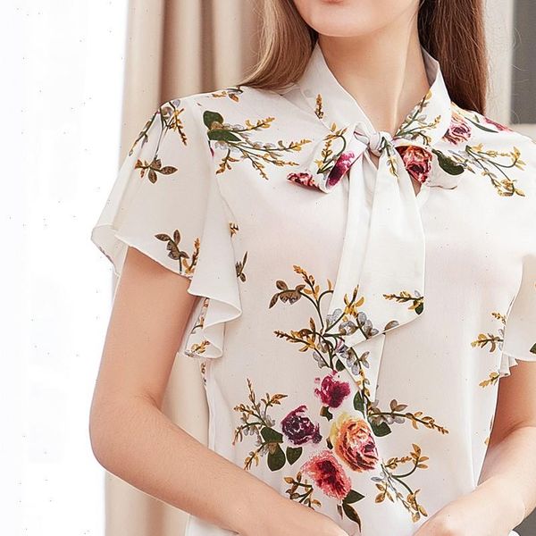 

elegant summer 2021 bow tie office fashion casual blouse printed tee female womens short sleeve shirt blusas femininas, White