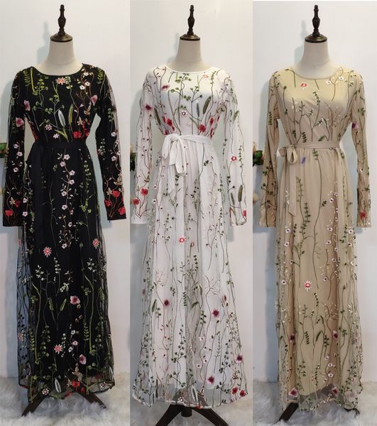 

flower embroidered sweater waist muslim sleeve dress ta6241 lx39, Black;gray
