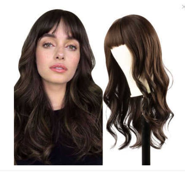 

air bangs gradient black brown golden gray multicolor optional long curly hair high temperature silk wig female headgear