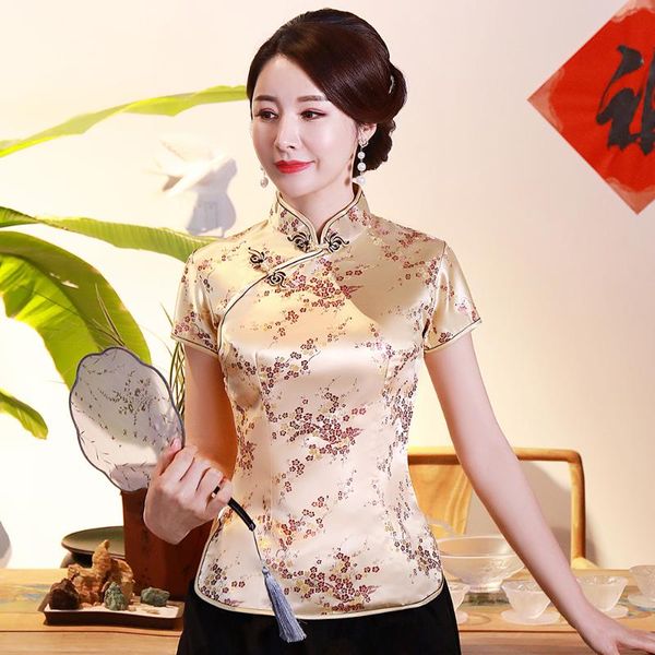 

vintage button classic female short sleeve flower blouse mandarin collar chinese style clothing plus size 3xl 4xl shirt, White