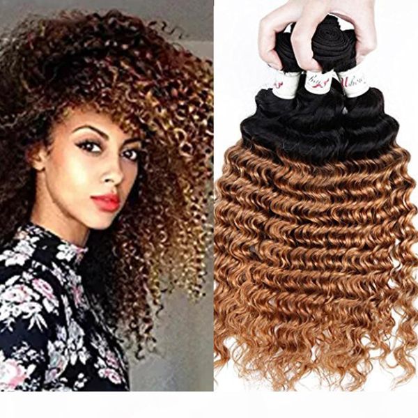 

dark root 8a brazilian 1b 27 deep wave virgin hair ombre honey blonde two tone human hair weft extension 3 bundles ing, Black;brown