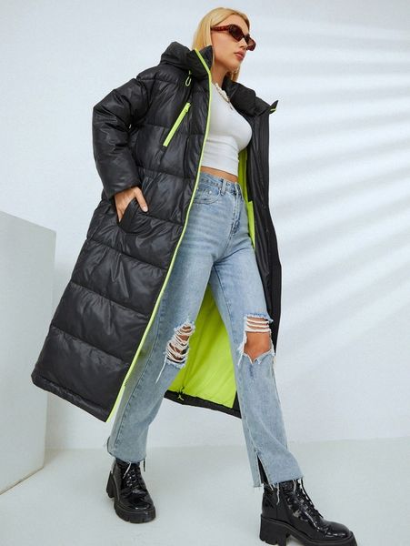 

miegofce zipper drawstring hooded longline puffer coat x5hy#, Black