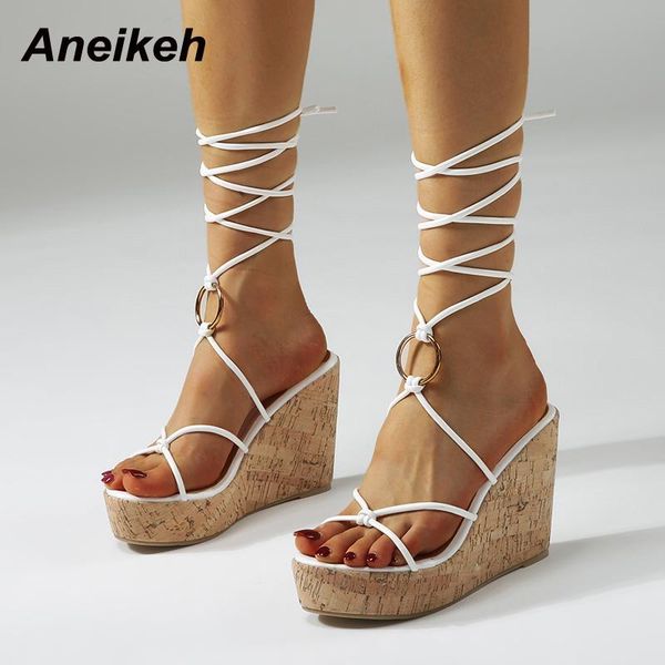 

dress shoes aneikeh 2021 women summer fashion sandals classics wedges platform narrow band cross-tied party pu sandalias gladiator solid, Black
