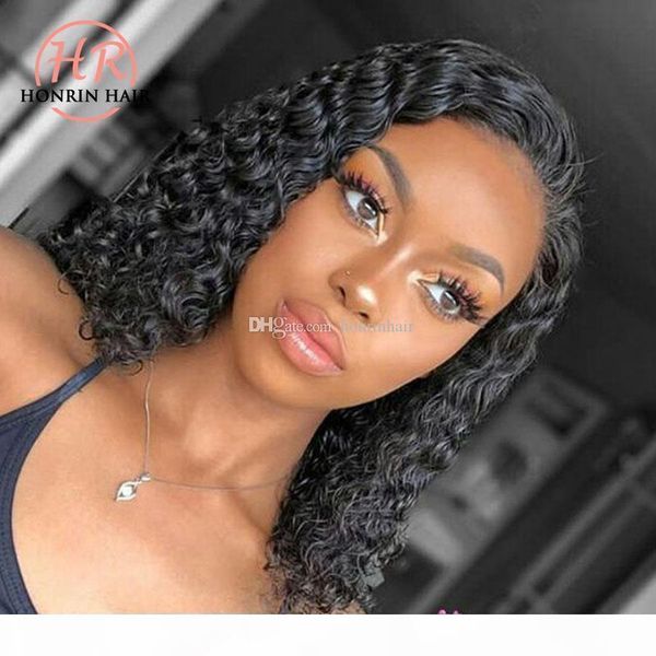 

honrin hair lace front wig short bob curly full lace wig deep curly brazilian virgin human hair pre plucked 150% density glueless, Black;brown