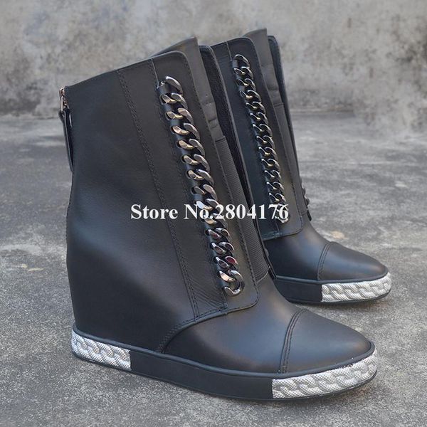 

boots brand design women round toe metal chains decorated wedge short black leather inside heels wedges height increased