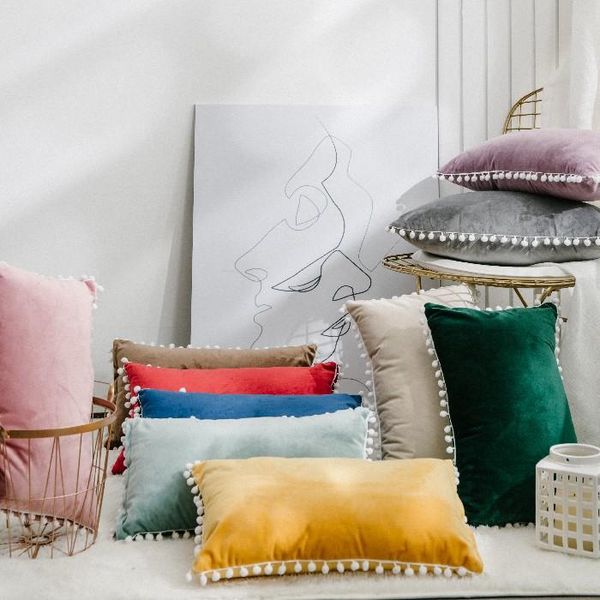 

50x30cm solid color velvet cushion cover pompom pillowcase rectangle waist pillow cover decorative lumbar pillow case home decor