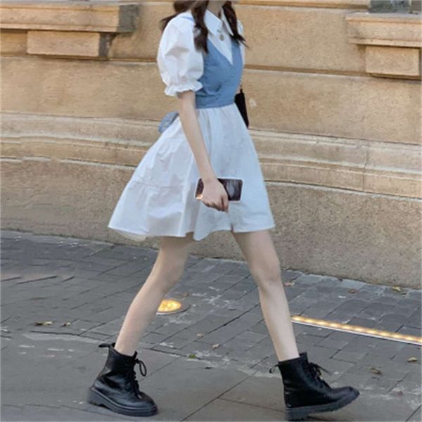 

french bubble sleeve dress women's summer 2021 new temperament denim sling design two piece skirt, Black