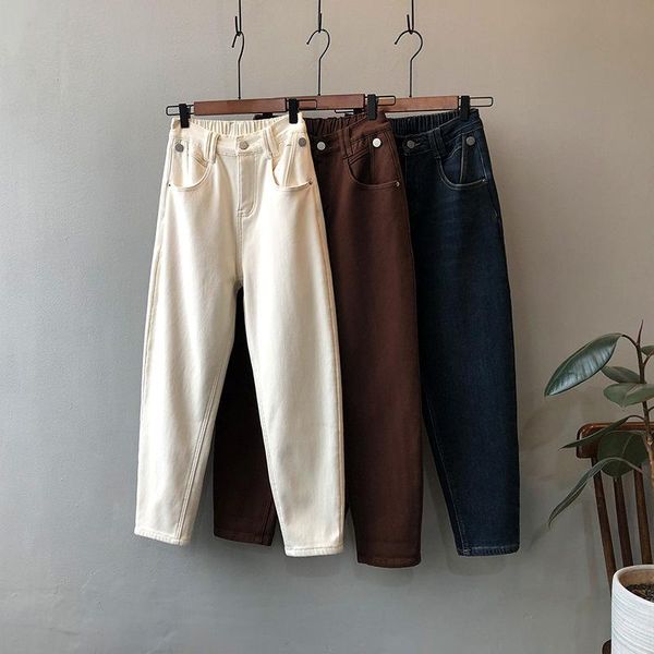 

women's jeans elastic waist button detailed thermal lined women white / coffe blue