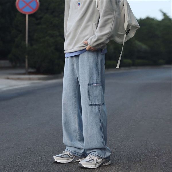 

2021new men's straight simple neutral casual jeans loose overalls in autumn and winter 2020, Blue