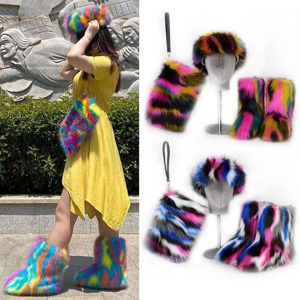 

boots women winter fur fake snow bag headband sets warm cotton shoes brand female fashion outdoor boot, Black