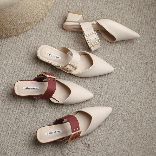 

slippers women summer med female shoes slides shallow cover toe fashion square heel 2021 pointed luxury block hoof heels scandal, Black