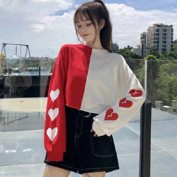 

autumn korean short sports shirt female ins fashion love printing kawaii harajuku loose head o-neck casual sweatshirt 210608, Black