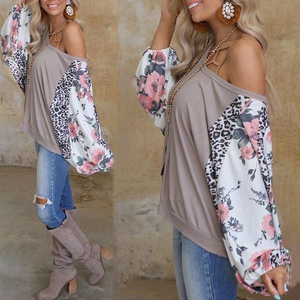 

2021 spring summer new print long sleeve round neck stitching leisure loose cotton ladies t-shirt, White