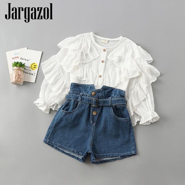 

clothing sets jargazol fall toddler girls set lotus leaf collar long sleeve blouse&denim shorts korean fashion little kids clothes, White
