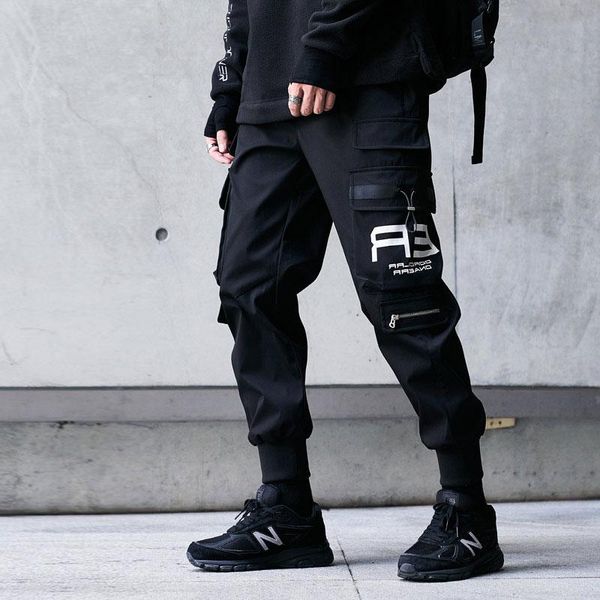 

men's pants spring side zipper pockets street style ribbons hip hop pencil cargo sweatpants joggers trousers fashion full length, Black