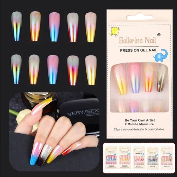 

false nails 24 pieces of fake nail art patches wearable products removable press on coffin long tips, Red;gold