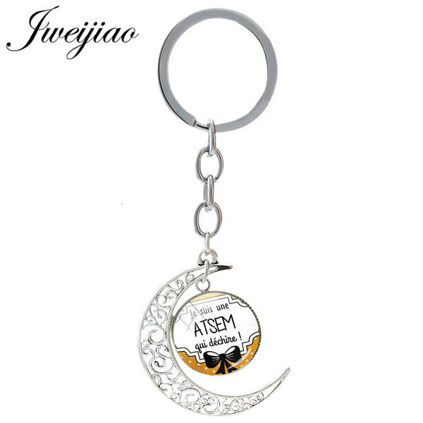 

jweijiao french je suis une atsem qui dechire charms glass keychain moon pendant keyrings glass cabochon jewelry je24, Silver