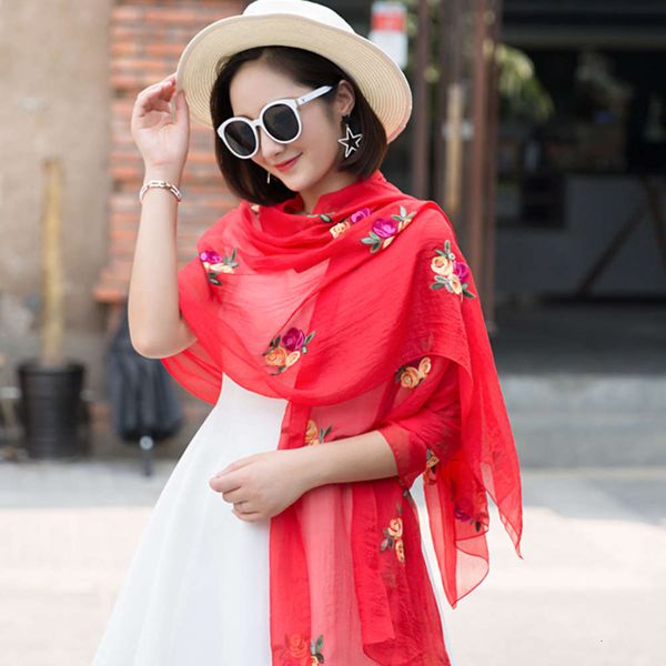 

new products are versatile in spring and summer, korean version chiffon silk long rose flower embroidered scarf air, Blue;black