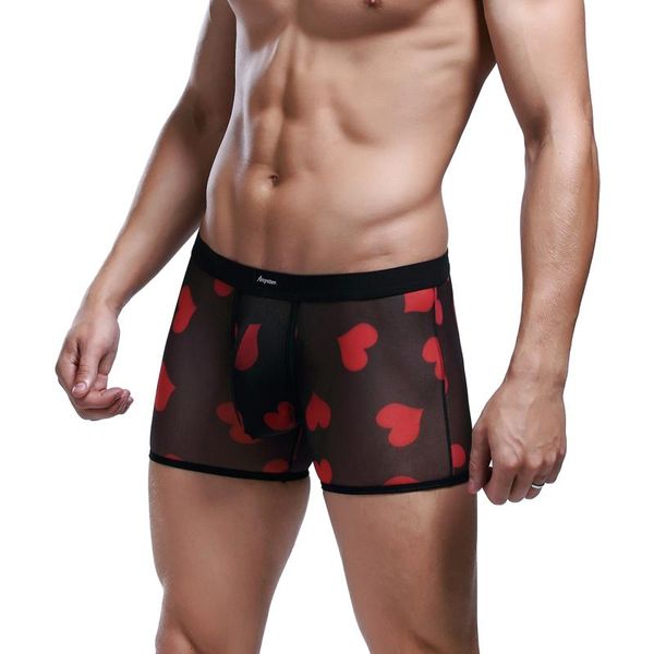 

underpants men heart print panties mesh low waist breathable underwear soft comfortable fashion casual daily male boxer black red, Black;white