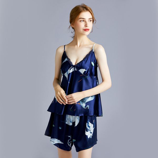 

yaoting version large pajamas women's home wear silk ice sling shorts two piece suit 2139dzt, Black;red