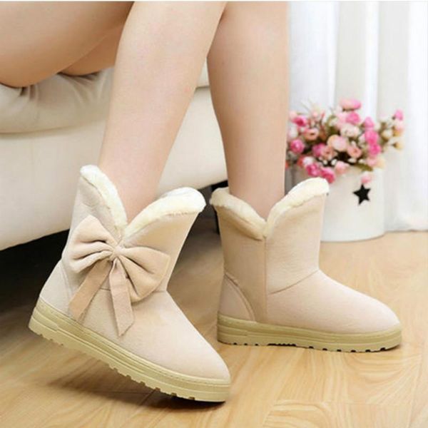 

boots women snow winter shoes warm casual fur ankle female bowtie non slip plush suede flats on fashion ladies footwear, Black