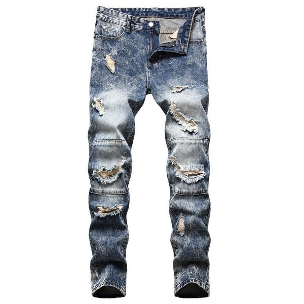 

new ny jeans denim motorcycle jean homme male ripped biker stretch slim fit hip hop men fashion broek, Blue