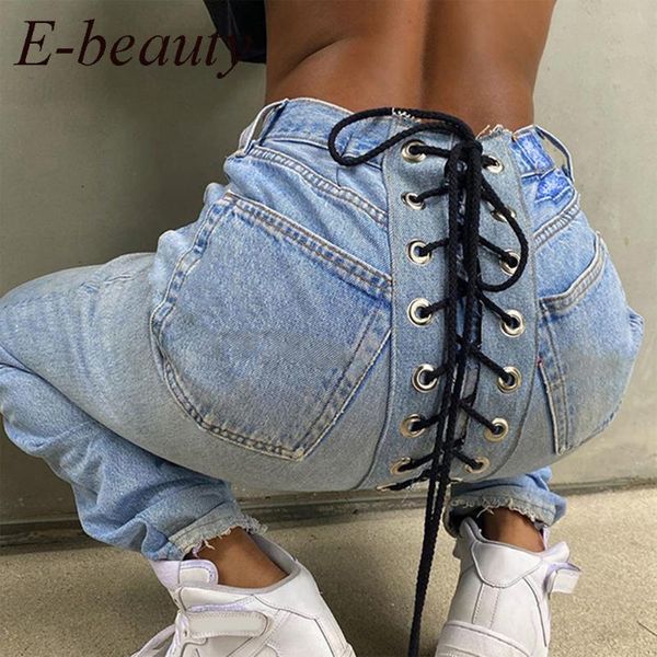 

women's jeans harajuku 2021 cotton bandage cut out y2k autumn winter women fashion streetwear outfit denim pants aesthetic trousers, Blue