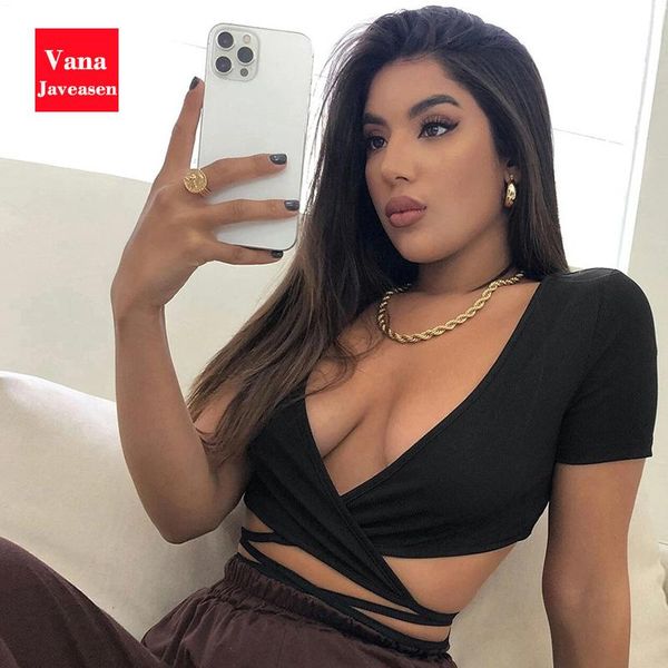 

women's t-shirt summer cross-tie short-sleeved backless big v-neck solid color knitted slim basic clothing cropped, White