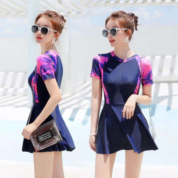 

fashionable new style swimsuit women's sports leisure one-piece skirt covering belly and showing thin conservative short sleeve beach, White;black