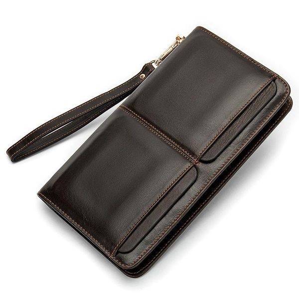 

wallets men's long wallet genuine leather purse holder multifunctional clutch phone bag zipper money, Red;black