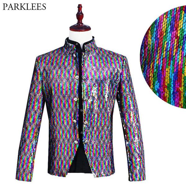 

men's suits & blazers mens rainbow color sequin blazer jacket brand stand collar single breasted suit stage singer host nightclub costu, White;black