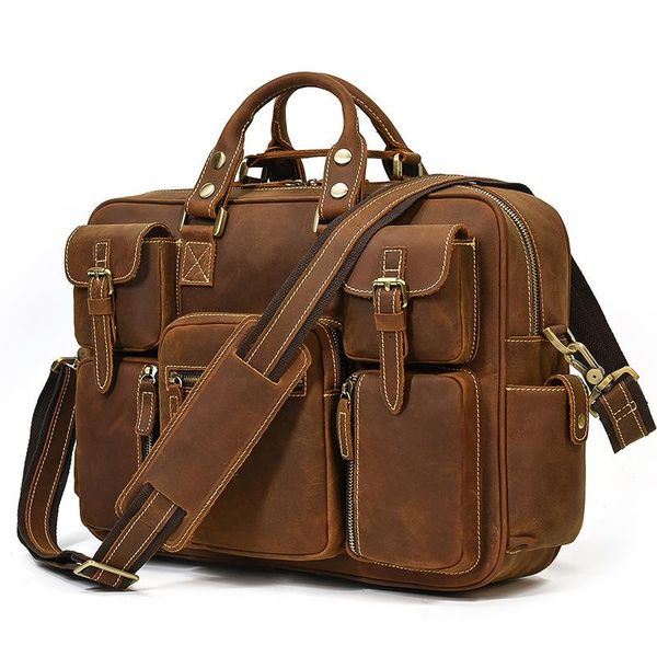 

briefcases leather retro briefcase men's handbag multi-pocket travel bag natural shoulder computer