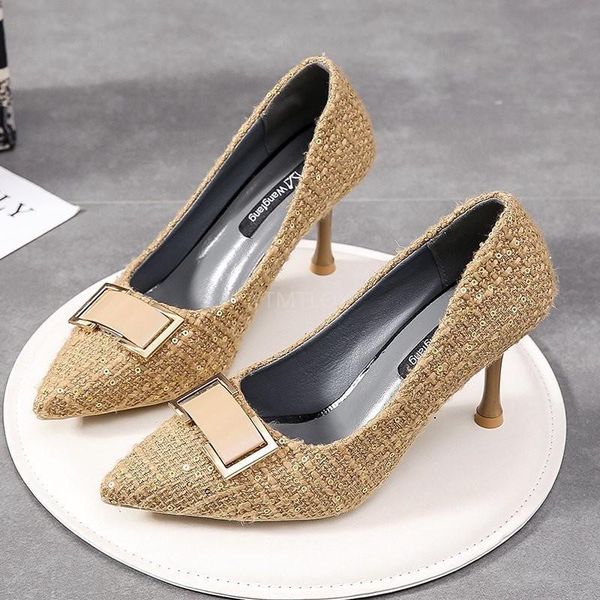 

dress shoes bling glitter woman pumps metal buckle pointed toe warm designer high heels slip-on tacones altos mujer sexy, Black