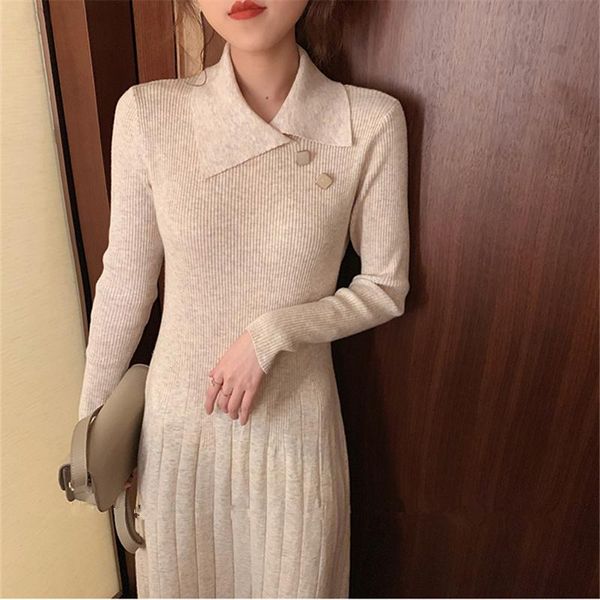 

casual dresses herstory shiny knitted buttons long dress women 2021 autumn winter sleeve solid slim korean fashion, Black;gray