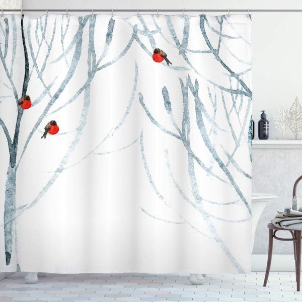 

shower curtains modern curtain trees water colored of winter woods with bullfinches print bathroom decor set hooks