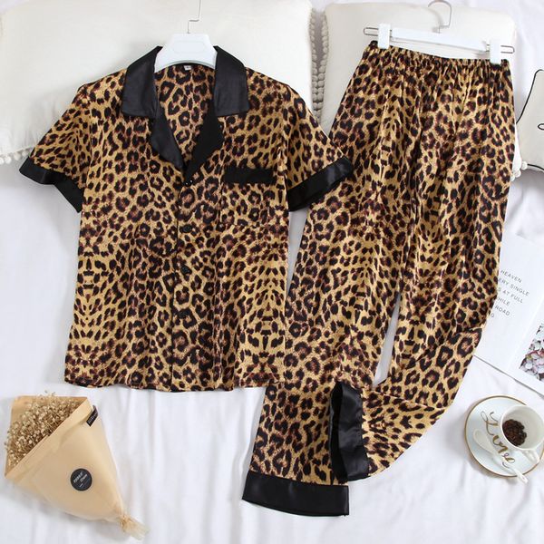 

women's pajamas sets leopard printed men nightwear casual lapel collar short sleeve couples summer sleepwear, Black;red