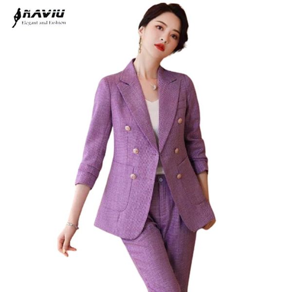 

women's two piece pants purple plaid suits women 2021 temperament double breasted business formal slim blazer and office ladies work we, White